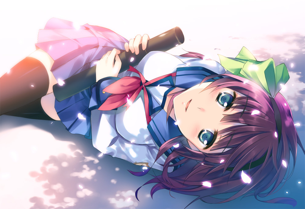 blue_eyes, diploma, diploma_case, graduation, hair_ribbon, hairband, iota, lying, petals, pleated_skirt, purple_hair, ribbon, school_uniform, skirt, solo, thigh-highs, thighhighs, tousaki_umiko, yuri_(angel_beats!), zettai_ryouiki