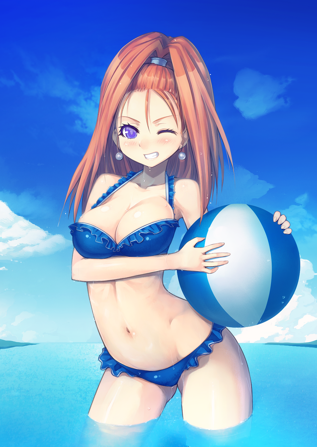 bikini, blue_eyes, breasts, cleavage, dragon_quest, dragon_quest_vi, earrings, forehead