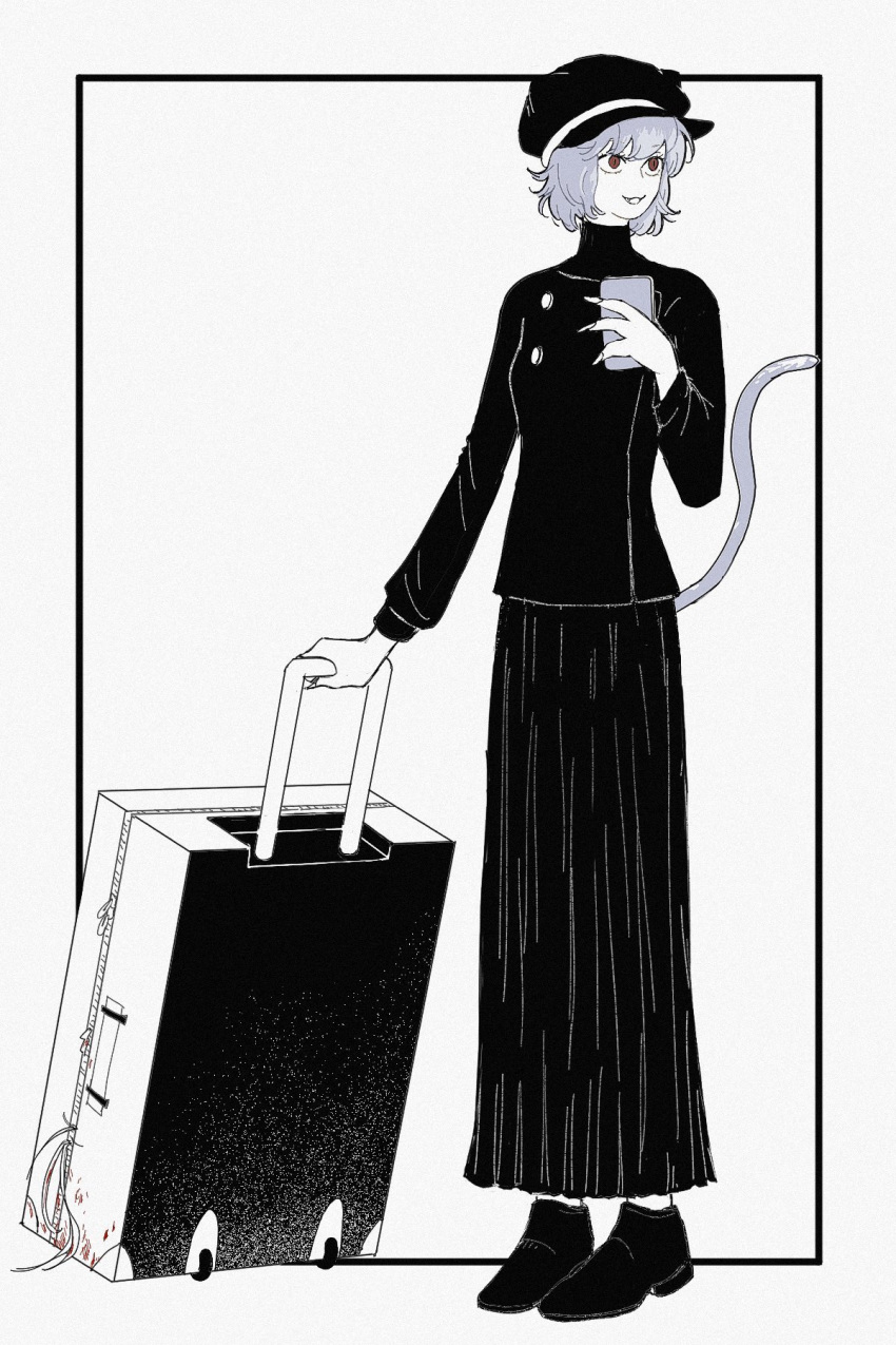 1other, androgynous, animal_ears, black_shirt, black_skirt, blood, brown_eyes, cabbie_hat, cat_ears, cat_tail, cellphone, chimera_ant, fingernails, full_body, hat, highres, holding, holding_luggage, holding_phone, holding_suitcase, hunter_x_hunter, long_skirt, long_sleeves, looking_to_the_side, neferpitou, other_focus, partially_colored, phone, rolling_suitcase, shirt, short_hair, simple_background, skirt, smartphone, smile, solo, suitcase, tail, white_background, white_hair, ybmghj222