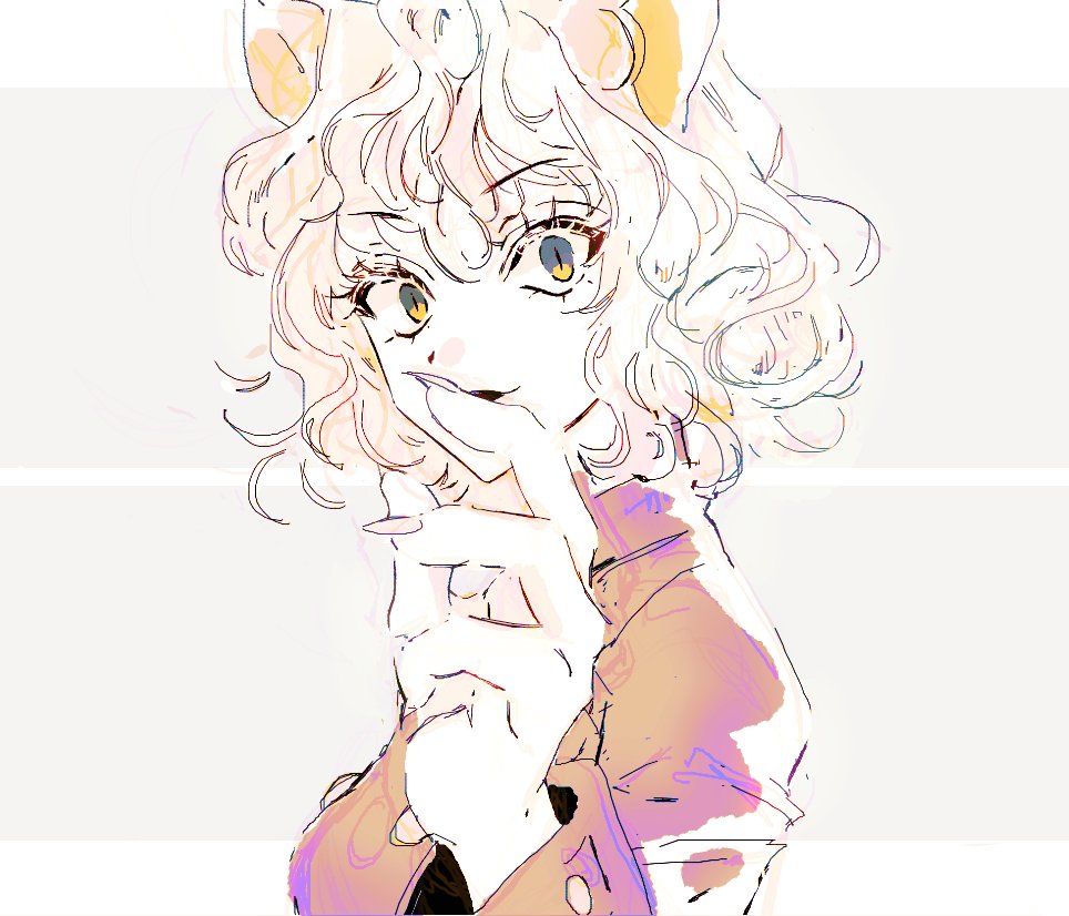 1other, androgynous, animal_ears, cat_ears, chimera_ant, curly_hair, fingernails, hunter_x_hunter, long_sleeves, looking_at_viewer, naemonaemo0523, neferpitou, other_focus, sharp_fingernails, short_hair, sketch, smile, solo, upper_body, white_background, white_hair