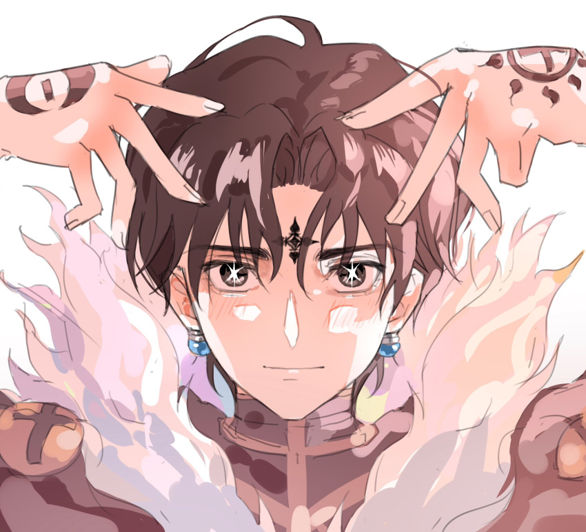 1boy, black_coat, black_eyes, black_hair, chrollo_lucilfer, coat, cross_tattoo, earrings
