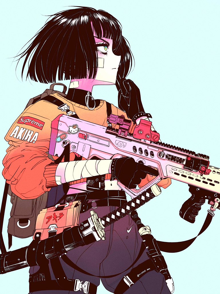 1girl, akira, aqua_background, artist_name, assault_rifle, backpack, bag, bandaged_arm, bandages, bandaid, bandaid_on_arm, bandaid_on_cheek, bandaid_on_face, bandaid_on_neck, belt, black_gloves, black_hair, blue_pants, blunt_bangs, bob_cut, closed_mouth, commentary_request, copyright_name, cowboy_shot, cropped_sweater, gloves, green_eyes, gun, hand_up, hello_kitty, hello_kitty_(character), holding, holding_weapon, katana, logo, midriff, navel, nike, o-ring, o-ring_belt, optical_sight, original, pants, panty_straps, portuguese_commentary, red_sweater, rifle, scabbard, sheath, sheathed, short_hair, simple_background, solo, sticker, supreme_(brand), sweater, sword, tar-21, thigh_belt, thigh_strap, vinne, weapon, weapon_request