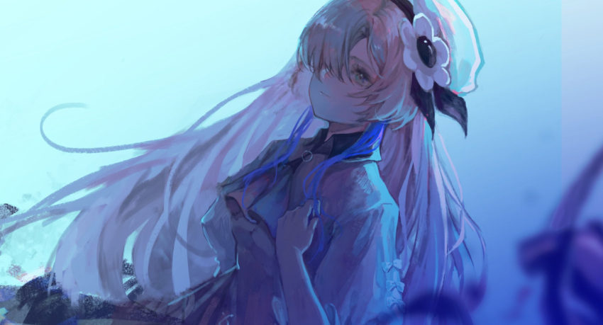 1girl, ascot, beret, blue_hair, blue_theme, collared_dress, dress, expressionless