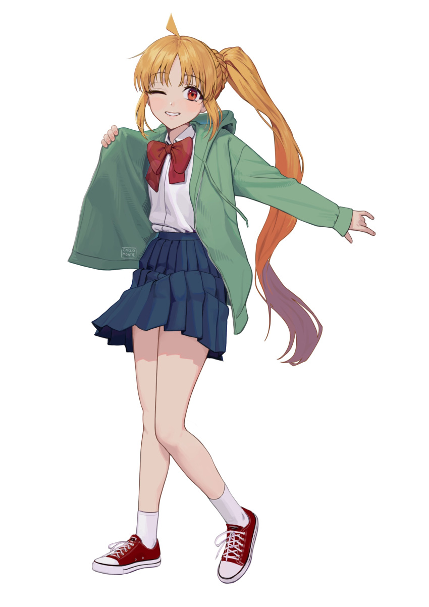 1girl, absurdres, ahegao, blonde_hair, blue_skirt, bocchi_the_rock!, bow, carlo_montie