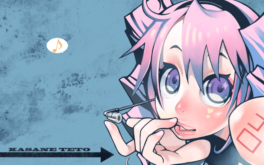 chigozo, drill_hair, face, headset, kasane_teto, lips, pink_eyes, pink_hair, smile, solo, star, utau, wallpaper