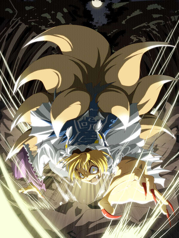 blonde_hair, claws, fang, fingernails, fox_tail, hat, kurosu_masaru, long_fingernails