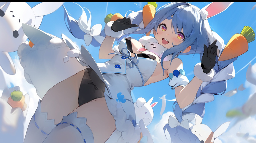 +_+, 1girl, @yep, animal_ears, black_gloves, blue_hair, braid, breasts, carrot, carrot_hair_ornament, commentary_request, controlline3, don-chan_(usada_pekora), dress, food-themed_hair_ornament, gloves, hair_ornament, hair_ribbon, hololive, kneehighs, multicolored_hair, non-web_source, nousagi_(usada_pekora), playboy_bunny, rabbit_ears, ribbon, smile, socks, source_request, twin_braids, usada_pekora, usada_pekora_(1st_costume), virtual_youtuber, white_dress, white_ribbon