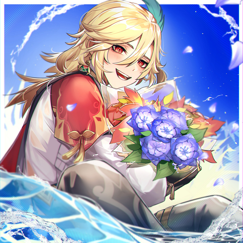 1boy, :d, black_gloves, blonde_hair, blue_sky, blush, border, bouquet