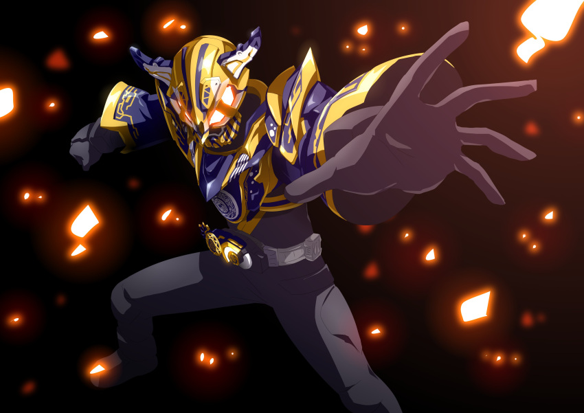 1boy, absurdres, black_bodysuit, black_gloves, blue_armor, blue_sleeves, bodysuit, clenched_hand, clenched_hands, commentary, driver_(kamen_rider), fangs, fantasy_buckle, fingernails, foreshortening, gloves, glowing, glowing_eyes, gold_trim, highres, horns, id_core, incoming_attack, incoming_punch, kamen_rider, kamen_rider_geats_(series), kamen_rider_gyago, looking_at_viewer, male_focus, open_hand, otokamu, punching, raise_buckle, red_eyes, rider_belt, tokusatsu, upper_body