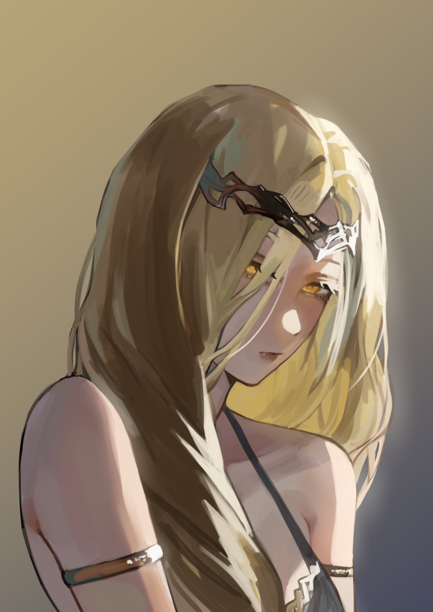 1girl, absurdres, armband, bare_shoulders, black_dress, blonde_hair, braid, circlet