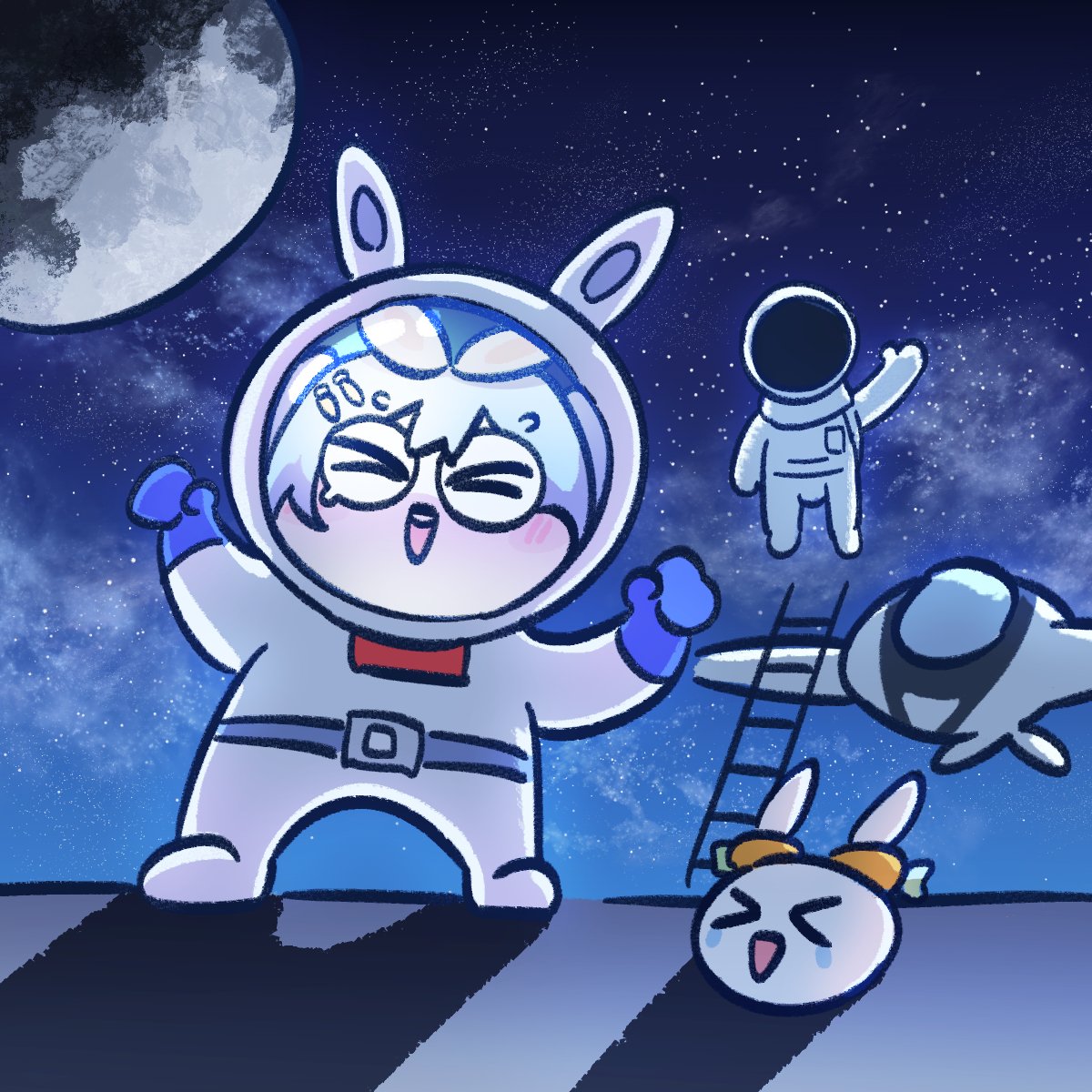 >_<, 1girl, 1other, :d, alternate_costume, arms_up, astronaut, astronaut_(only_up!)
