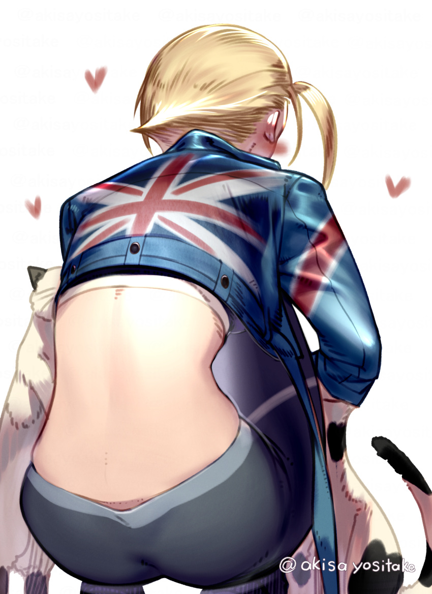 1girl, akisa_yositake, animal, ass, back, back_focus, blonde_hair, blush, cammy_white, cat, cropped_jacket, facing_away, flag_print, from_behind, heart, highres, long_sleeves, looking_back, short_hair, solo, squatting, street_fighter, street_fighter_6, tight_clothes, union_jack, union_jack_print