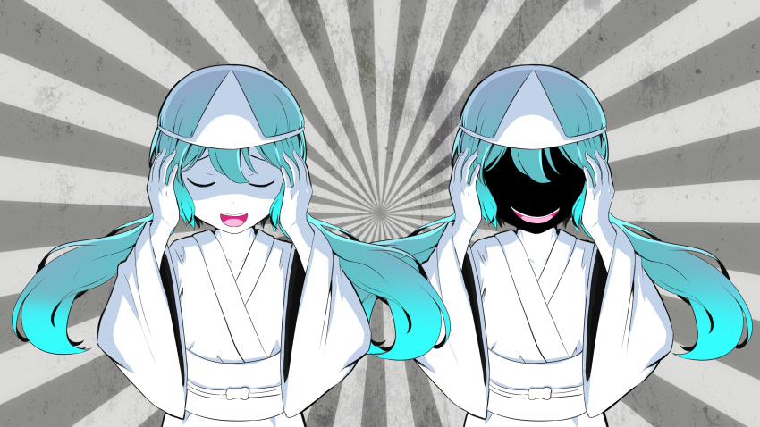 2girls, absurdres, aqua_hair, black_skin, colored_sclera, colored_skin, ghost, grey_sclera