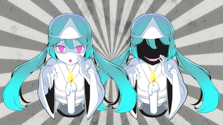 2girls, absurdres, aqua_hair, black_skin, candle, colored_sclera, colored_skin, ghost