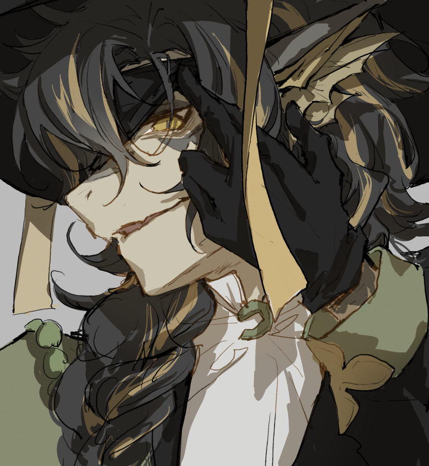 1boy, arknights, black_gloves, black_hair, black_headwear, black_jacket, blindfold, blindfold_lift