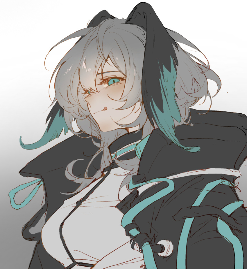 1girl, aqua_eyes, aqua_wings, arknights, black_jacket, black_wings, breasts, closed_mouth