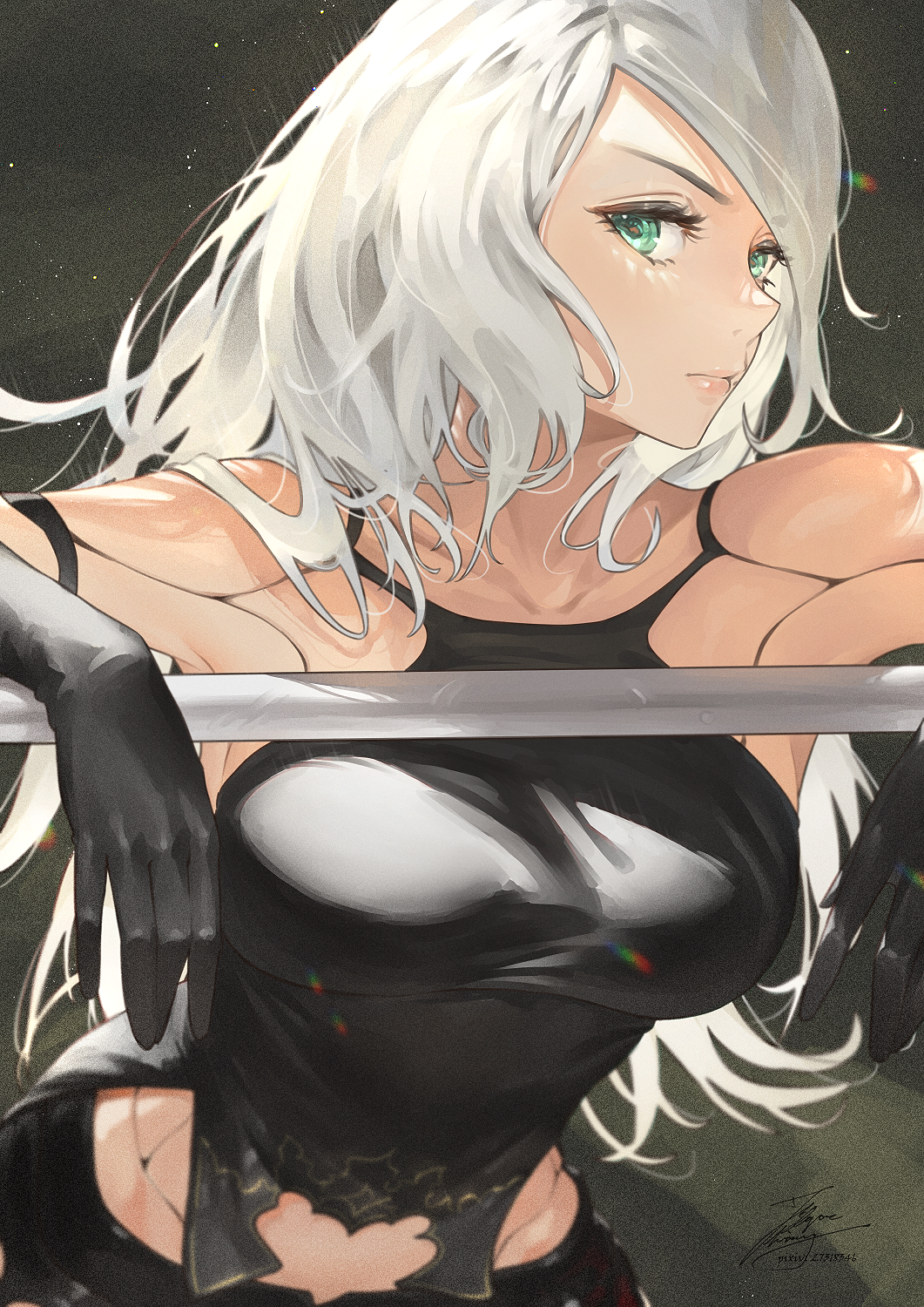 1girl, android, armlet, black_shorts, black_tank_top, breasts, elbow_gloves, english_commentary