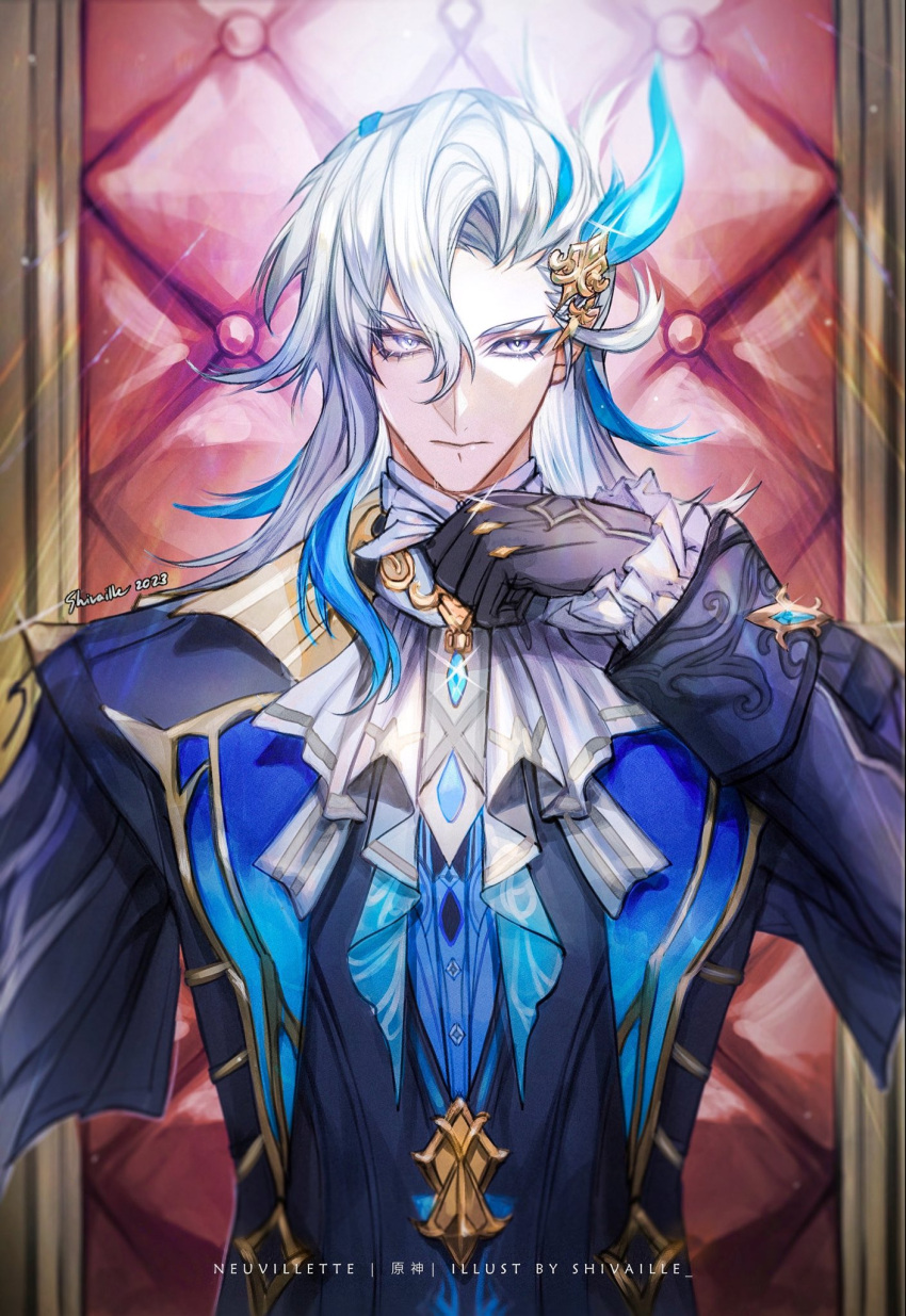 1boy, adjusting_ascot, artist_name, ascot, asymmetrical_bangs, black_gloves, blue_coat, blue_gemstone, blue_hair, blue_vest, buttons, chair, character_name, closed_mouth, coat, commentary, copyright_name, expressionless, eyelashes, frilled_sleeves, frills, gem, genshin_impact, glint, gloves, grey_eyes, hair_between_eyes, hair_ornament, hand_up, highres, lapels, light_particles, light_rays, long_hair, long_sleeves, looking_at_viewer, male_focus, multicolored_hair, neuvillette_(genshin_impact), open_clothes, open_coat, parted_bangs, shirt, shivaille, solo, streaked_hair, upper_body, vest, watermark, white_ascot, white_hair, white_shirt