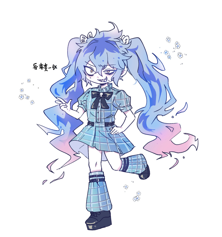 1boy, absurdres, bags_under_eyes, black_bow, black_footwear, blue_eyeliner, blue_hair, blue_lips