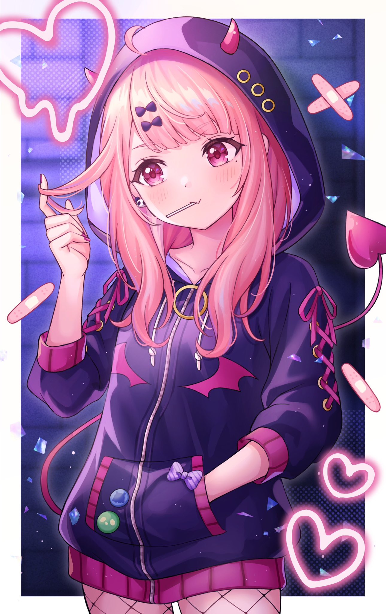 1girl, ahoge, badge, bandaid, black_bow, black_jacket, blunt_bangs, border