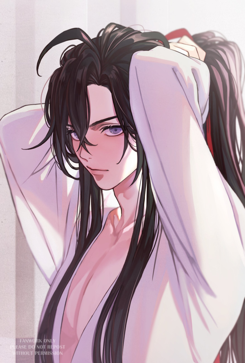 1boy, absurdres, ahoge, arms_behind_head, arms_up, black_hair, closed_mouth, collarbone