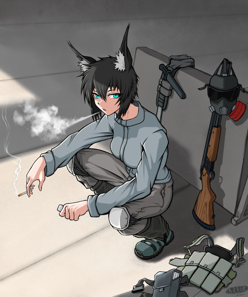 1girl, absurdres, animal_ears, arbor_spirit, artist_name, black_hair, blue_eyes, double-barreled_shotgun