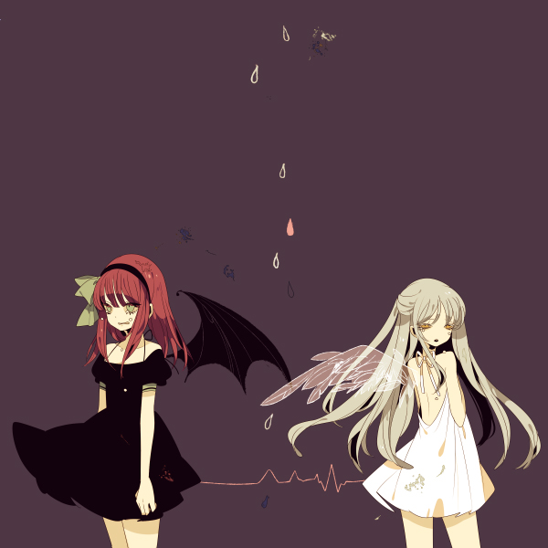 angel, angel_and_devil, angel_beats!, angel_wings, bad_id, bat_wings, black_dress, demon, devil, dress, hairband, long_hair, multiple_girls, no_nose, shikimi_(yurakuru), simple_background, single_wing, tachibana_kanade, white_dress, wings, yuri_(angel_beats!)