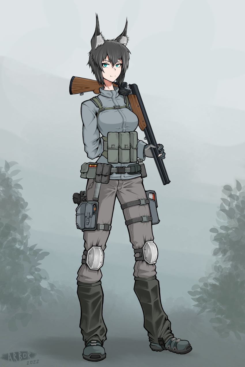 1girl, absurdres, animal_ears, arbor_spirit, artist_name, black_hair, blue_eyes, chest_rig