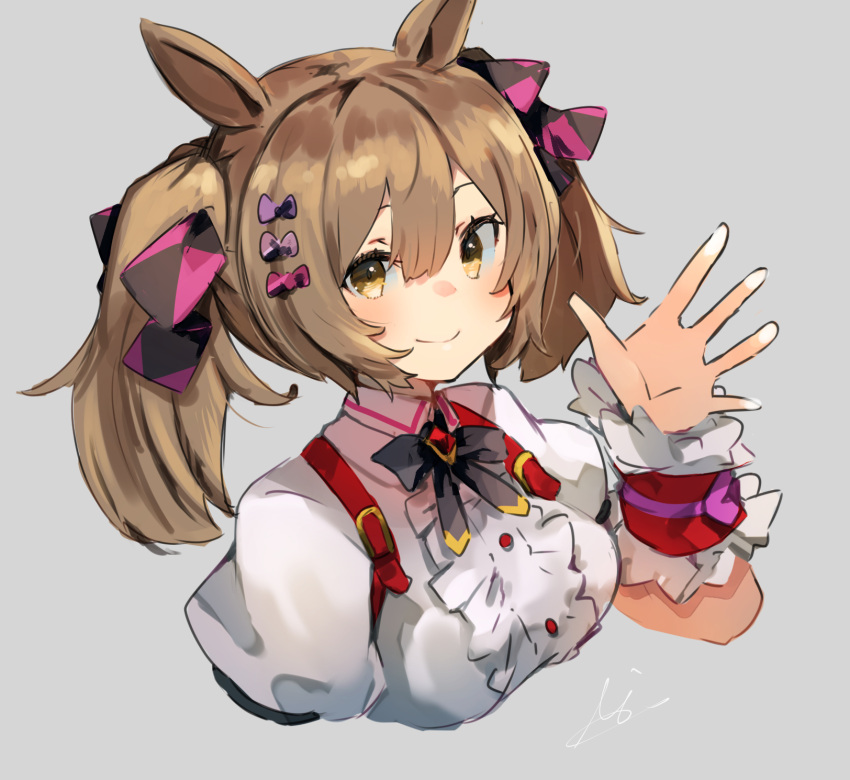 1girl, animal_ears, blush, breasts, brown_hair, cropped_torso, grey_background, hair_between_eyes