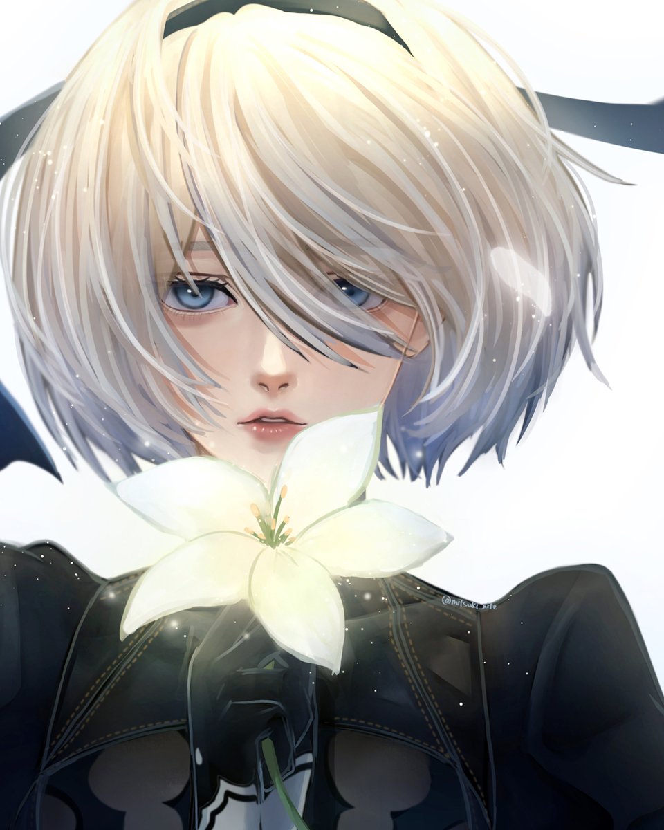 1girl, black_dress, black_gloves, black_hairband, blue_eyes, bob_cut, commentary, dress