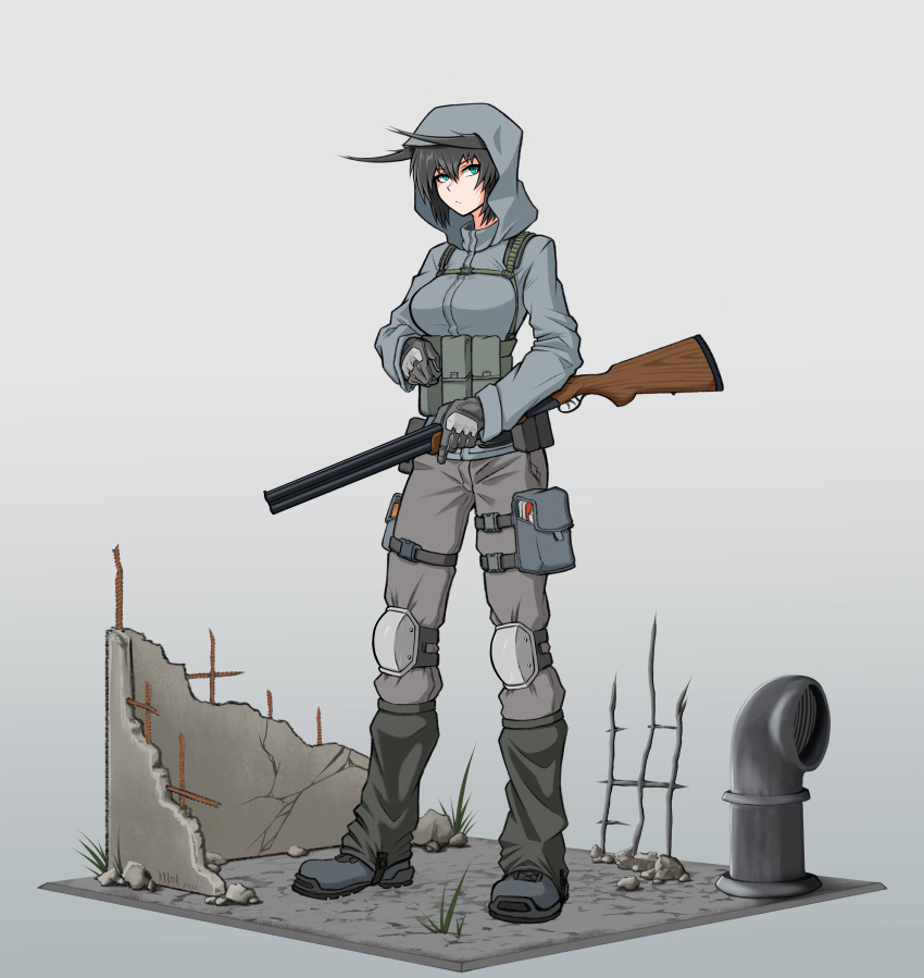 1girl, abandoned, absurdres, animal_ears, arbor_spirit, black_hair, blue_eyes, chest_rig