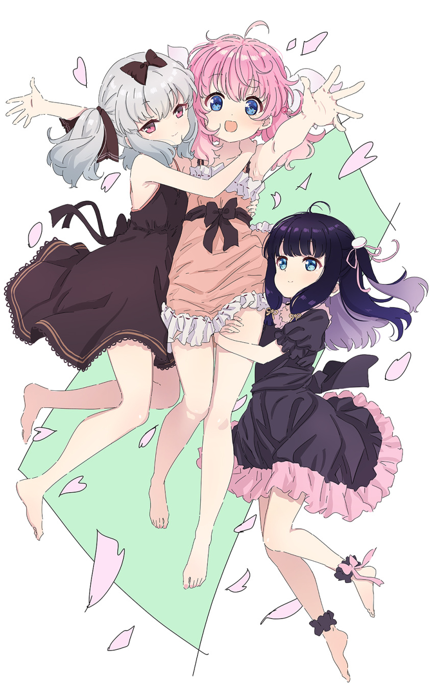 3girls, abe_kanari, black_hair, blue_eyes, closed_mouth, dress, grey_hair, haikagura_(prima_doll), hair_ornament, haizakura_(prima_doll), highres, long_hair, multiple_girls, open_mouth, pink_hair, prima_doll_(anime), retzel_(prima_doll), smile, twintails