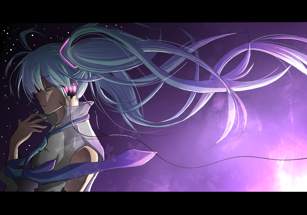 bare_shoulders, closed_eyes, green_hair, hatsune_miku, headphones, letterboxed, long_hair, necktie