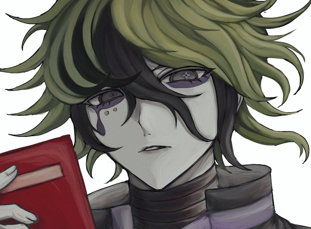 1boy, black_hair, brown_eyes, facial_mark, green_hair, hair_between_eyes, hand_up, holding