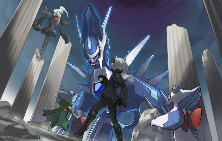 absurdres, blue_eyes, blue_hair, blue_sclera, boots, bright_pupils, claws, collar, colored_sclera, darkrai, dialga, fighting_stance, floating_hair, fringe_trim, froslass, goggles, goggles_on_head, highres, holding, holding_poke_ball, long_hair, mark331, mask, mouth_mask, outdoors, pillar, poke_ball, pokemon, pokemon_(creature), pokemon_(game), pokemon_legends:_arceus, roserade, ruins, skirt, slit_pupils, smoking, spiked_collar, spikes, tendril, white_hair, white_pupils