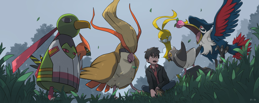 1boy, absurdres, altaria, alternate_color, animal, berry_(pokemon), bird, bird_wings