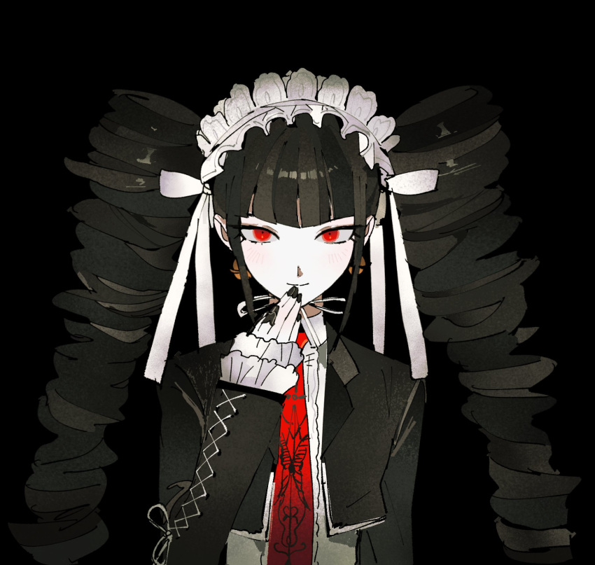 1girl, black_background, black_hair, black_jacket, black_nails, celestia_ludenberg, closed_mouth, cropped_jacket