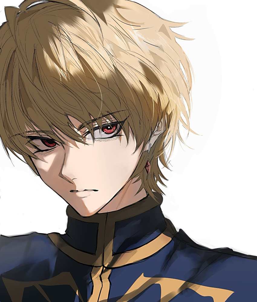 1other, absurdres, androgynous, blonde_hair, blue_tabard, crystal_earrings, earrings, highres, hunter_x_hunter, jewelry, kurapika, looking_at_viewer, red_eyes, short_hair, simple_background, solo, spi_11011, tabard, upper_body, white_background