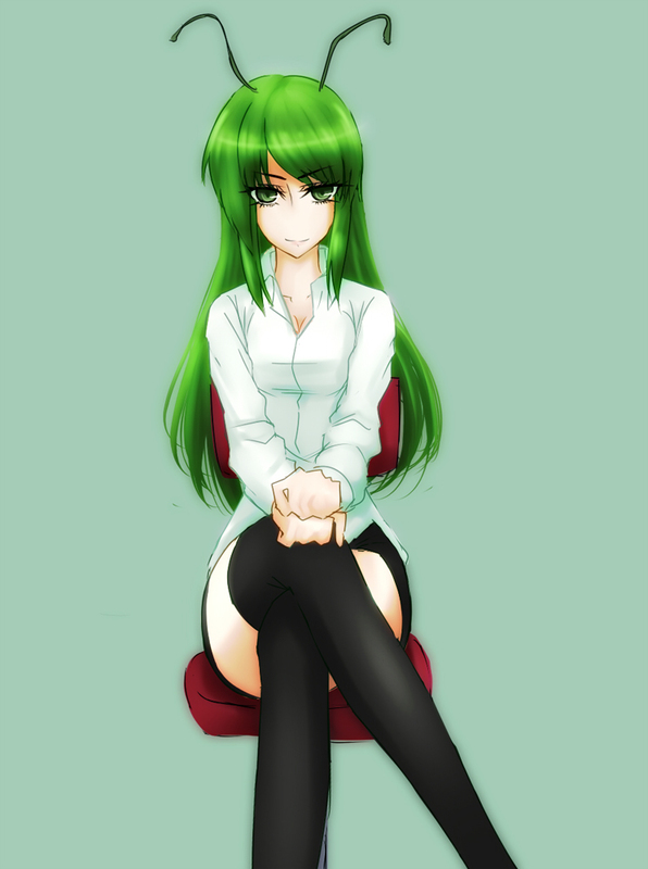 alternate_hairstyle, antennae, asa_inu, black_legwear, black_thighhighs, cape, crossed_legs, green_eyes