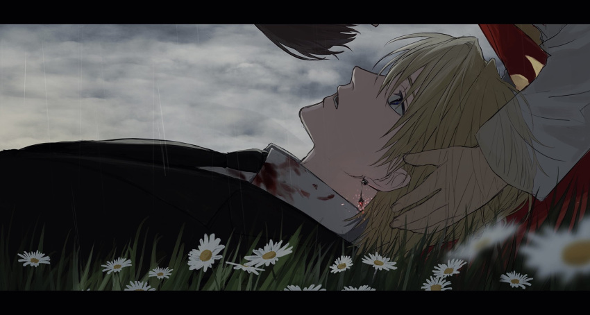 1boy, 1other, androgynous, black_suit, blonde_hair, blood, blood_on_clothes, crystal_earrings