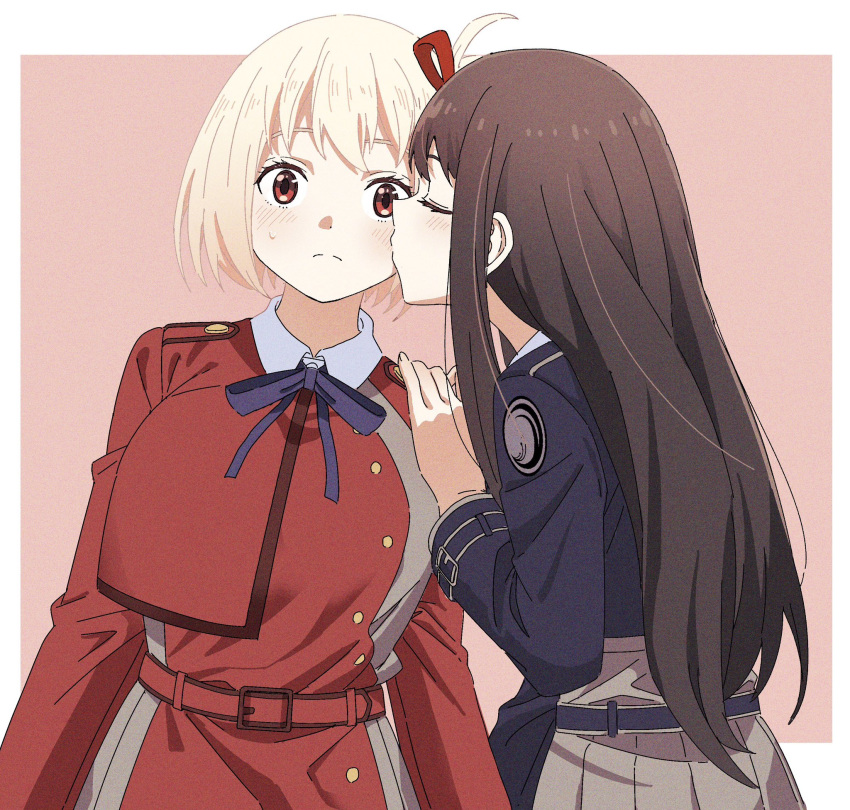 2girls, belt, black_hair, blonde_hair, blue_belt, blue_dress, blue_ribbon, blush, bob_cut, border, breasts, closed_eyes, closed_mouth, collared_shirt, commentary_request, cowboy_shot, dress, film_grain, grey_dress, hair_ribbon, highres, inoue_takina, kiss, kissing_cheek, large_breasts, leaning_on_person, long_hair, long_sleeves, looking_at_viewer, lycoris_recoil, lycoris_uniform, multiple_girls, neck_ribbon, nishikigi_chisato, ocharicorico, one_side_up, pink_background, pleated_dress, red_belt, red_dress, red_eyes, red_ribbon, ribbon, shadow, shirt, short_hair, sidelocks, sweatdrop, white_border, white_shirt, yuri