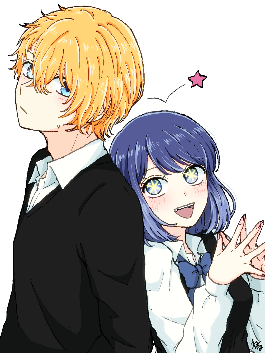 1boy, 1girl, :d, black_sweater, black_sweater_vest, blonde_hair, blue_bow, blue_bowtie