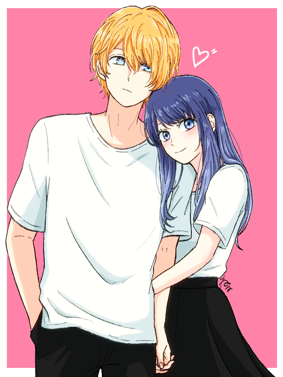 1boy, 1girl, artist_name, black_pants, black_skirt, blonde_hair, blue_eyes, blue_hair