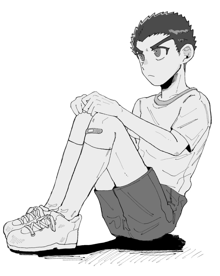 1boy, alternate_costume, bandaid, bandaid_on_knee, bandaid_on_leg, danganronpa:_trigger_happy_havoc, danganronpa_(series), from_side
