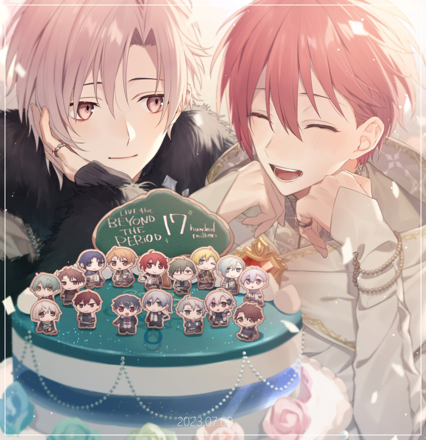 2boys, aiue_o_eiua, black_jacket, cake, cloak, closed_eyes, closed_mouth, food