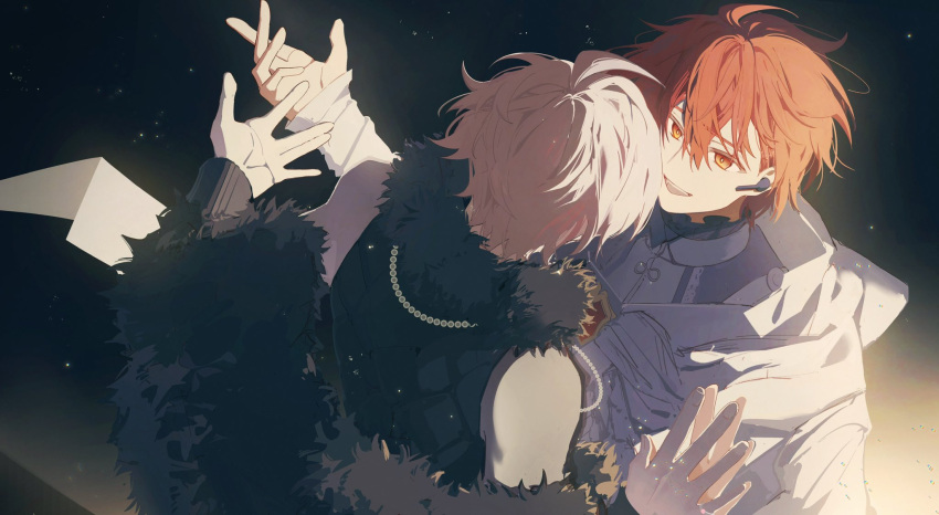 25d03427899, 2boys, ahoge, black_background, black_jacket, black_shirt, brothers, brown_background, cloak, facing_another, fur-trimmed_jacket, fur-trimmed_shirt, fur_trim, grey_shirt, headset, highres, idolish7, jacket, jacket_partially_removed, kujou_tenn, long_sleeves, male_focus, multicolored_background, multiple_boys, nanase_riku, official_alternate_costume, pink_hair, red_eyes, redhead, shirt, siblings, sleeveless, sleeveless_shirt, turtleneck, twins, white_cloak