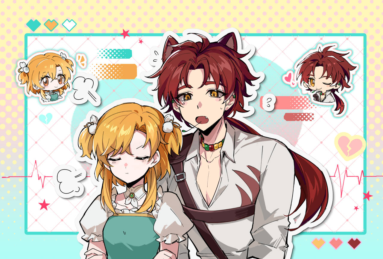 1boy, 1girl, animal_ears, cardiogram, closed_eyes, closed_mouth, detached_sleeves, fang, flying_sweatdrops, frilled_sleeves, frills, hackett_(volcano_princess), jewelry, liangyii2, long_hair, long_sleeves, mouth_hold, necklace, open_mouth, orange_eyes, orange_hair, parted_bangs, puffy_short_sleeves, puffy_sleeves, redhead, rose_(volcano_princess), shirt, short_sleeves, sidelocks, stalk_in_mouth, two_side_up, very_long_hair, volcano_princess, white_shirt, wolf_ears