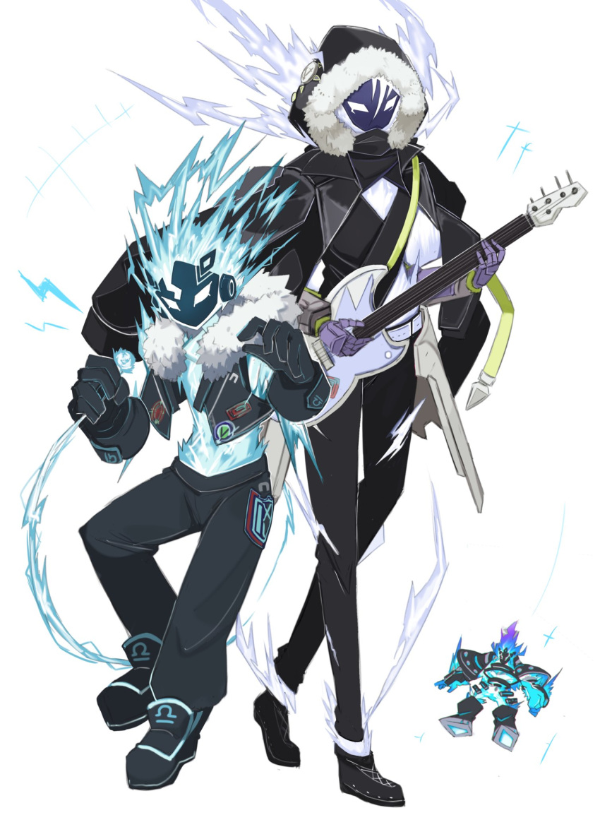 2boys, fur-trimmed_jacket, fur_trim, gigantic_spright, gloves, guitar, highres, holding, holding_microphone, instrument, jacket, jacket_on_shoulders, long_sleeves, male_focus, microphone, midriff, multiple_boys, music, open_clothes, open_jacket, pants, playing_instrument, sakuragi_raia, shoes, simple_background, sleeveless, sleeveless_jacket, spright_blue, spright_jet, white_background, yu-gi-oh!