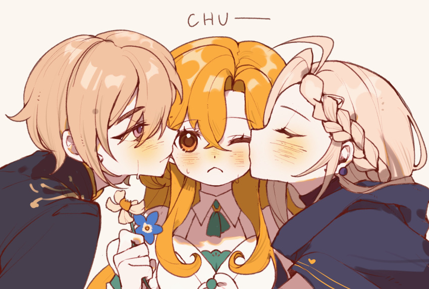 1boy, 2girls, absurdres, ahoge, ascot, blonde_hair, blue_coat, blue_flower, blush, braid, brother_and_sister, closed_mouth, coat, dress, earrings, flower, forget-me-not_(flower), green_ascot, guozhe13, gwyneth_(volcano_princess), highres, holding, holding_flower, hood, hood_down, hooded_coat, jewelry, kenneth_(volcano_princess), long_hair, multiple_girls, one_eye_closed, orange_eyes, orange_hair, rose_(volcano_princess), siblings, simple_background, sweat, upper_body, very_long_hair, volcano_princess, white_background, white_dress, white_flower