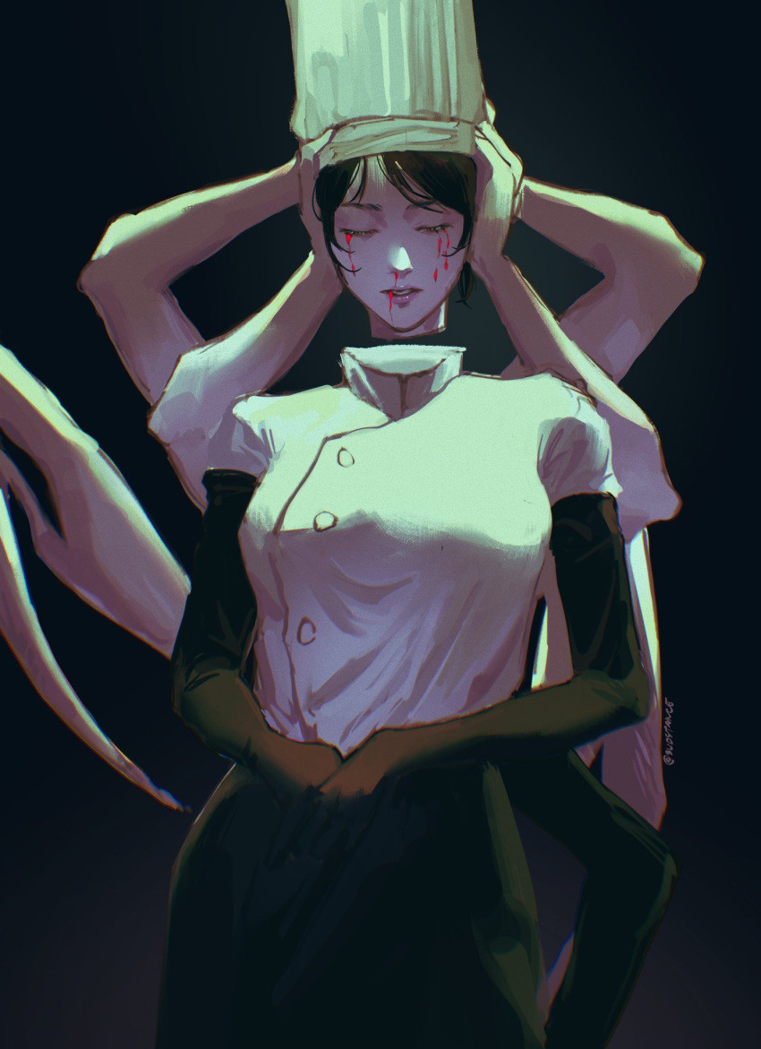 1girl, apron, arthropod_limbs, black_apron, black_gloves, black_hair, blood, blood_drip